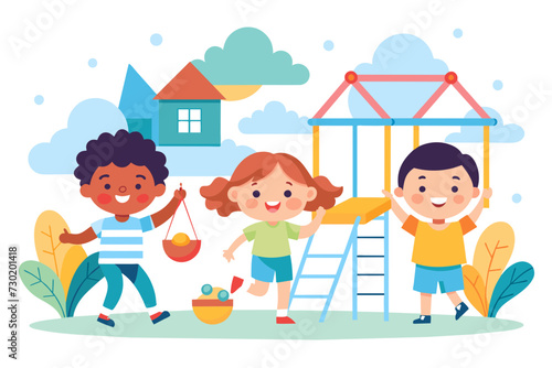 A children playground with kids of different races and abilities playing together and having fun.