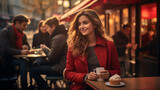 Young woman with a red coat holding coffee and smiling with a cupcake at a cafe outdoors