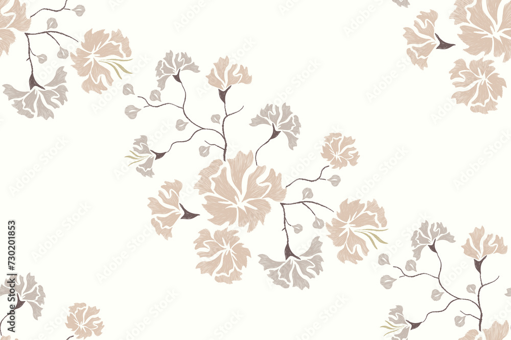Floral pattern seamless background border .Pastel peach pink cherry blossom flowers embroidery batik pattern oriental design. Spring summer flower vector illustration.