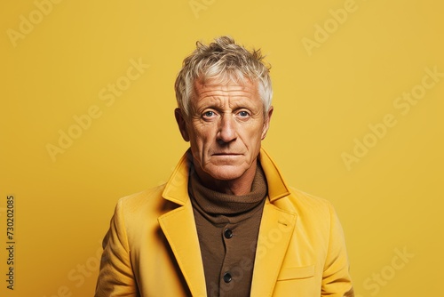 Portrait of mature man in yellow coat and scarf on yellow background © Iigo