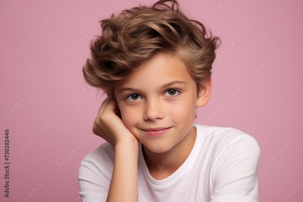 Portrait of a beautiful little girl with blond hair on a pink background Portrait of a beautiful little girl with blond hair on a pink background