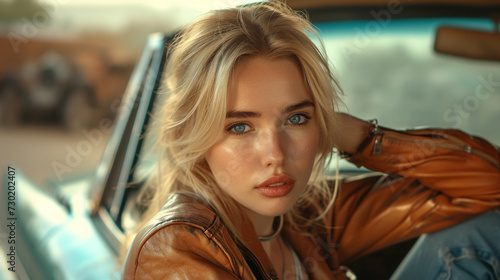 A stunning blonde with a piercing blue eyes, wearing a leather jacket and a pair of jeans, leaning on a car and looking at the camera with a cool smirk. 