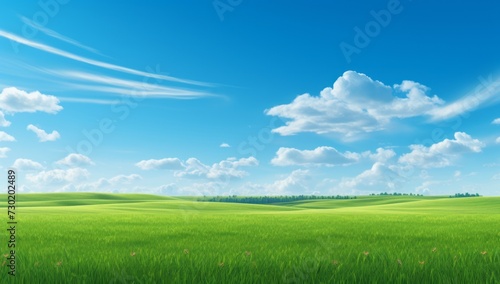 Green field on the horizon Panoramic green field landscape view. Blue mountains background and bright blue sky. Windows background, wallpaper