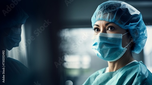 Medical woman with mask in a hospital with copy space