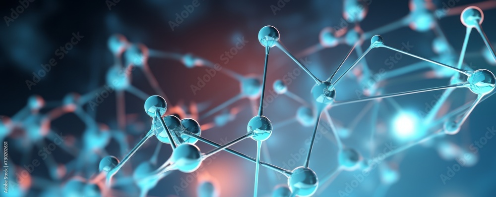 Molecule structure under blue light, Abstract hexagonal molecular structures in technology, Structure of lattice connecting atoms. Molecule in hi tech style - obrazy, fototapety, plakaty 