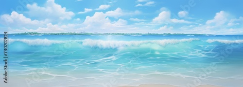 Beach scenery with blue water and bright fluffy clouds. A peaceful sandy beach is graced by the rhythmic melody of breaking ocean waves, harmonizing the vast sky creating a tranquil coastal haven photo