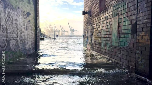 Sturmflut und Elbe Hochwasser am Hamburger Hafen St. Pauli Fischmarkt Fischauktionshalle