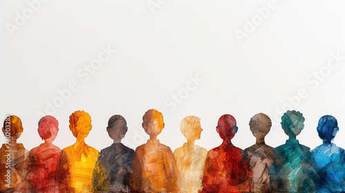concept of Belonging Inclusion Diversity Equity DEIB, group of multicolor hand painted people	isolated on white background