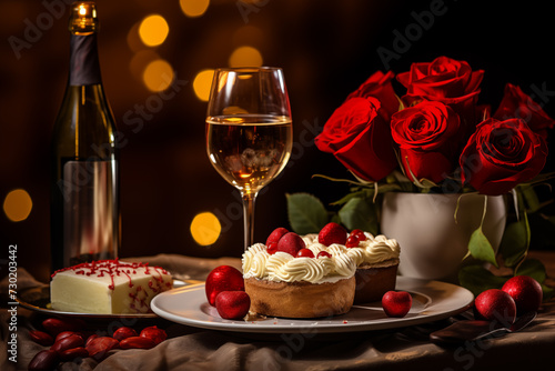 Valentine's Day festive dinner. Champagne wine and sweets, red rose flowers