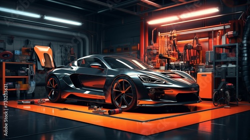 Futuristic auto repair workshop with modern futuristic sports car concept © Meta