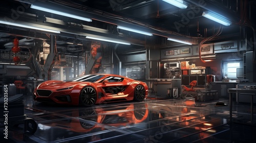 Futuristic auto repair workshop with modern futuristic sports car concept