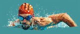 Man Swimming in Pool With Swimming Cap. Watercolor.