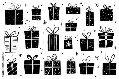 Presents vector illustration. Gift boxes for christmas or birthday in style of hand drawn black doodle on white background. Giftboxes silhouette sketch