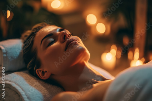 The girl relaxes and gets a spa treatment next to water and burning candles, complete relaxation of body and soul © Alina Zavhorodnii