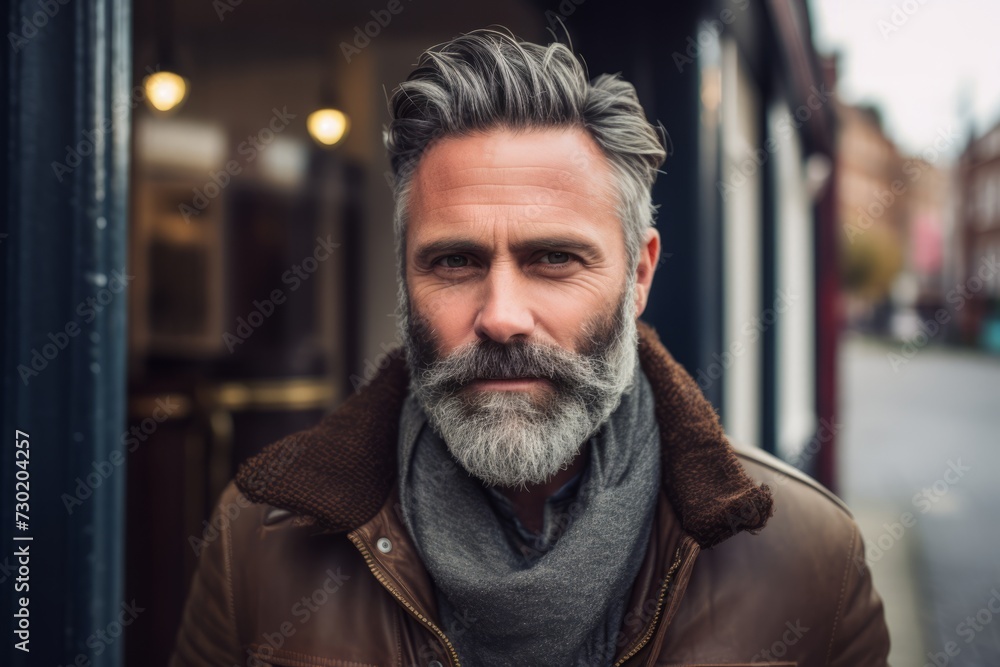 Portrait of a handsome mature man with gray beard and mustache in a brown leather jacket on the street. Portrait of a handsome mature man with gray beard and mustache in a brown leather jacket on the street.