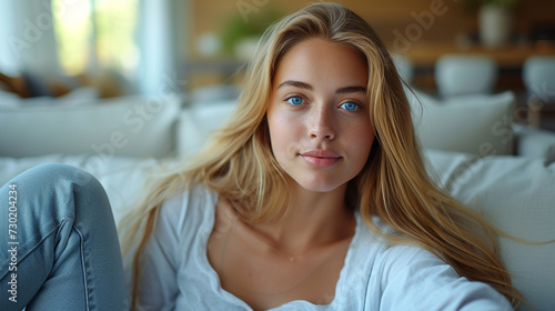 A young and extremely gorgeous female model with long blonde hair and blue eyes, wearing a white shirt and jeans, sitting on a couch and looking at the camera with a smile. 