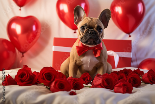 Valentine's Day surprise. Valentine's day background. Greeting card. Gift puppy 
