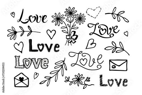 Doodle lettering Love set with hearts and abstract flowers.