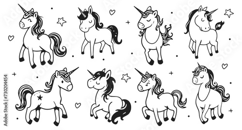 Cute unicorns vector illustration. Fairytale creature in style of hand drawn black doodle on white background. Unicorn silhouette
