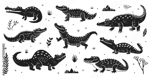 Cute crocodiles vector illustration. Wild animal alligator in style of hand drawn black doodle on white background. Crocodile silhouette