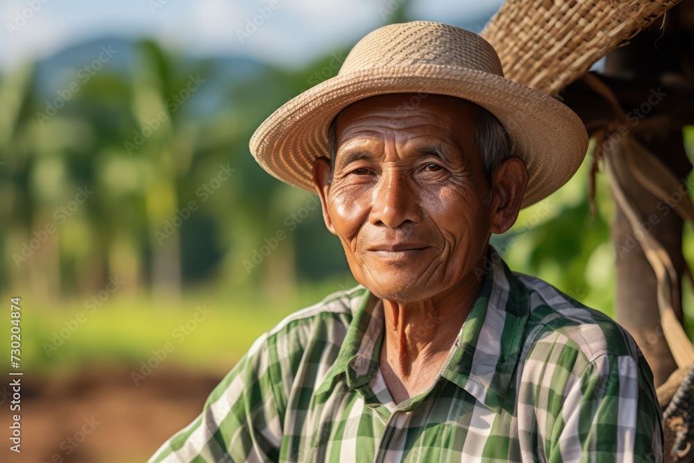 Senior asian male farmer wearing a straw hat and plaid shirt, standing in a leafy green farm