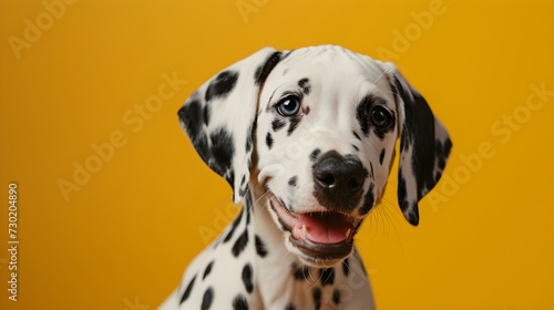 Dalmatian isolated on yellow background with copy space. Close up portrait of happy smiling dog face head looking at the camera. Banner for pet shop. Pet care and animals concept for poster, print ads © Irina