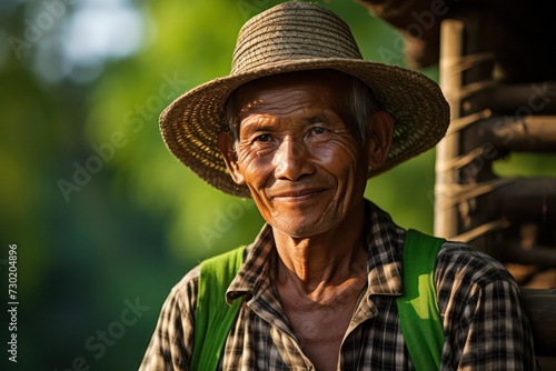 Senior asian male farmer wearing a straw hat and plaid shirt, standing in a leafy green farm
