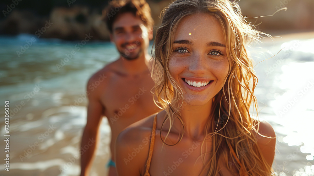 Fototapeta premium Couple : Lover walk on beach and bikini , happy and together for vacation with love in summer sunshine. Woman, man and smile by waves, sea and sand with portrait in nature for adventure on vacation.