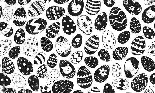 Easter eggs vector seamless pattern illustration. Painted chicken egg for spring holiday celebration in style of hand drawn black doodle on white background. Repeated wallpaper