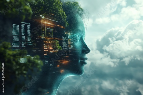 a woman's head with images of a tree and cloud, in the style of futuristic cityscapes, green academia, cryengine photo high detail resolution, spiritual meditations, code-based creations  photo