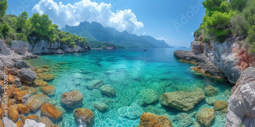 Tropical paradise: Azure waters, golden sands, and vibrant coral, creating an idyllic beach scene