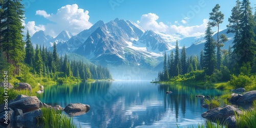mountain lake nestled in nature's beauty, offering a stunning reflection of the surrounding forest and snow-capped peaks
