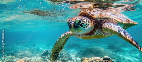 A sea turtle in clear water.
