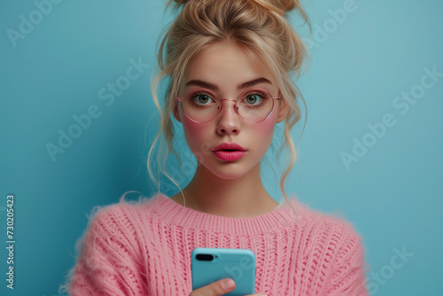 white woman with a serious face holding a mobile phone. Studio photograph on blue background. Copy space
 photo