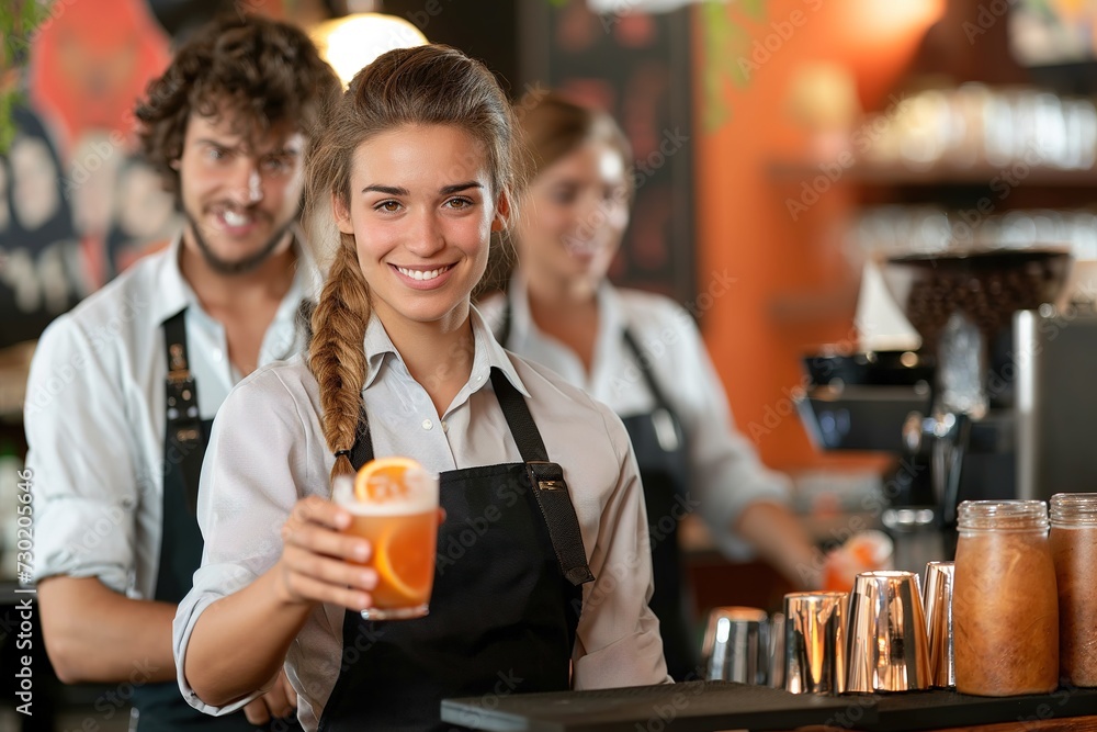 A waitresses woman confidently holds a glass of refreshing orange juice in her hand.