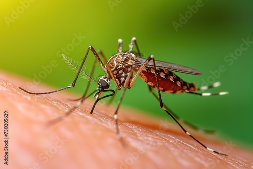 A detailed image capturing a mosquito up close as it rests on the arm of a human.