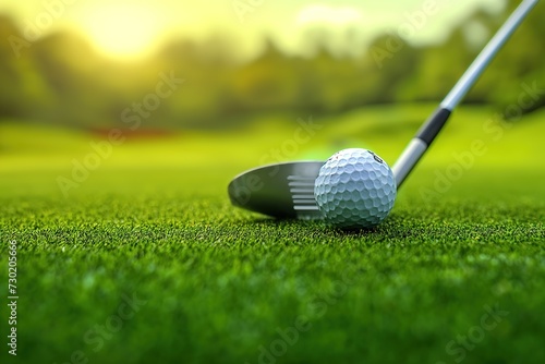A close-up photo of a golf ball and driver on a well-manicured green course, ready for a swing.
