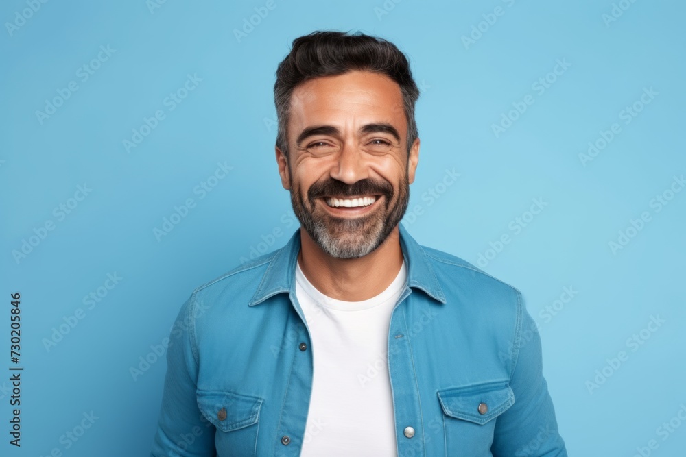 Portrait of happy man with beard and mustache looking at camera over blue background Portrait of happy man with beard and mustache looking at camera over blue background