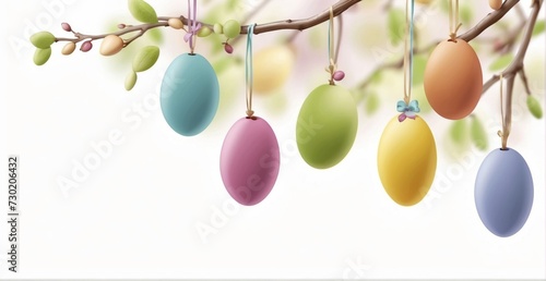 Easter eggs hanging on plum branch 