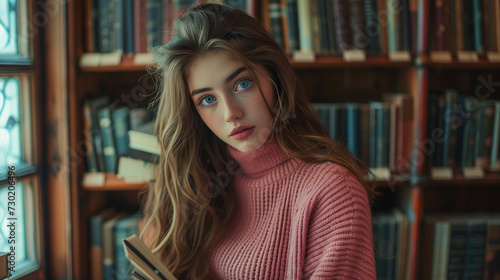 A young female model with long brown hair and blue eyes, wearing a pink sweater and a skirt, holding a book and a pen in a library. 