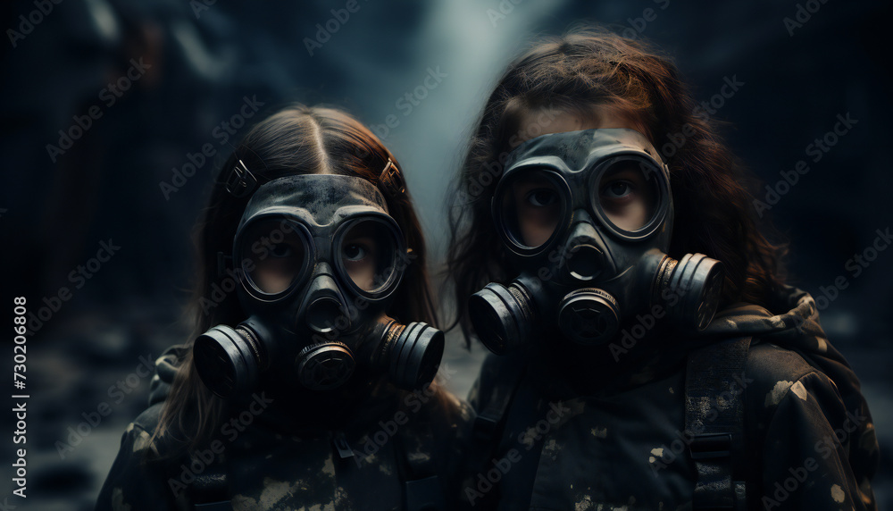 Recreation of two little girls with survival gas masks	