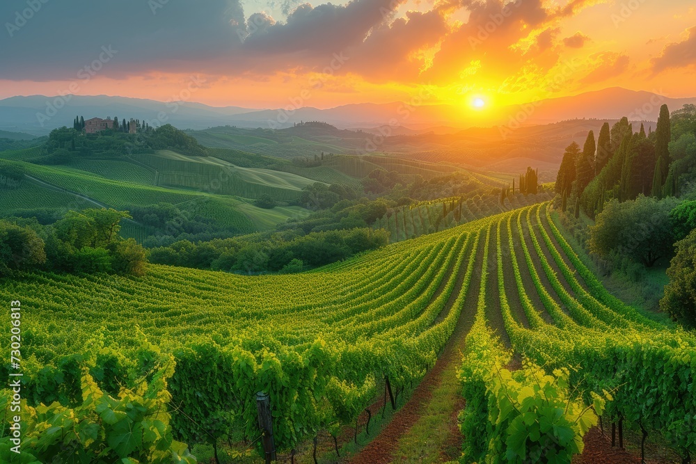 Beautiful vineyard. Travel around Tuscany, Italy. Landscape of vineyards in the wine country of Tuscany, Italy at sunrise. The vineyards of Tuscany are home to Italy's most famous wines
