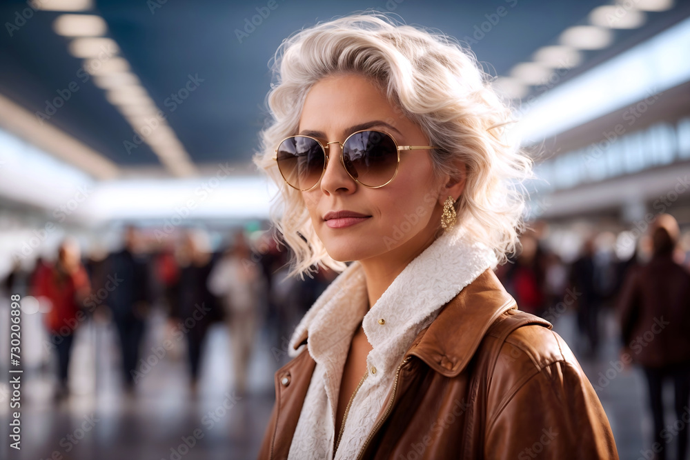 Portrait of fashionable middle aged businesswoman in sunglasses in airport, stylish  woman in aeroport terminal before flight. Adventurous traveler leading active lifestyle.