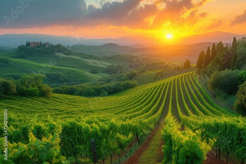 Beautiful vineyard. Travel around Tuscany, Italy. Landscape of vineyards in the wine country of Tuscany, Italy at sunrise. The vineyards of Tuscany are home to Italy's most famous wines