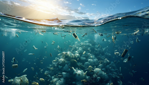 Recreation of plastic waste and garbage underwater in the sea
