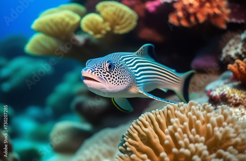 Beautiful sea fish, colored fish swims in the environment of bright, beautiful corals. © Yury Fedyaev