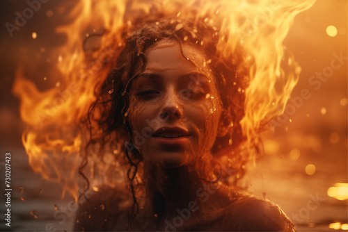 Captivating UHD image of an alluring woman with burning water covering her face, in a soft, dreamy style.