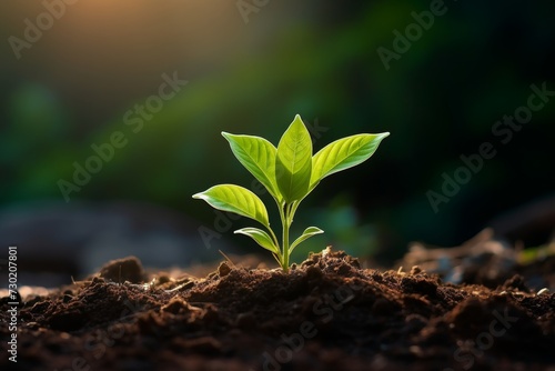 Young green plant growing at sunlight in the garden. World Earth Day banner. Save world concept.