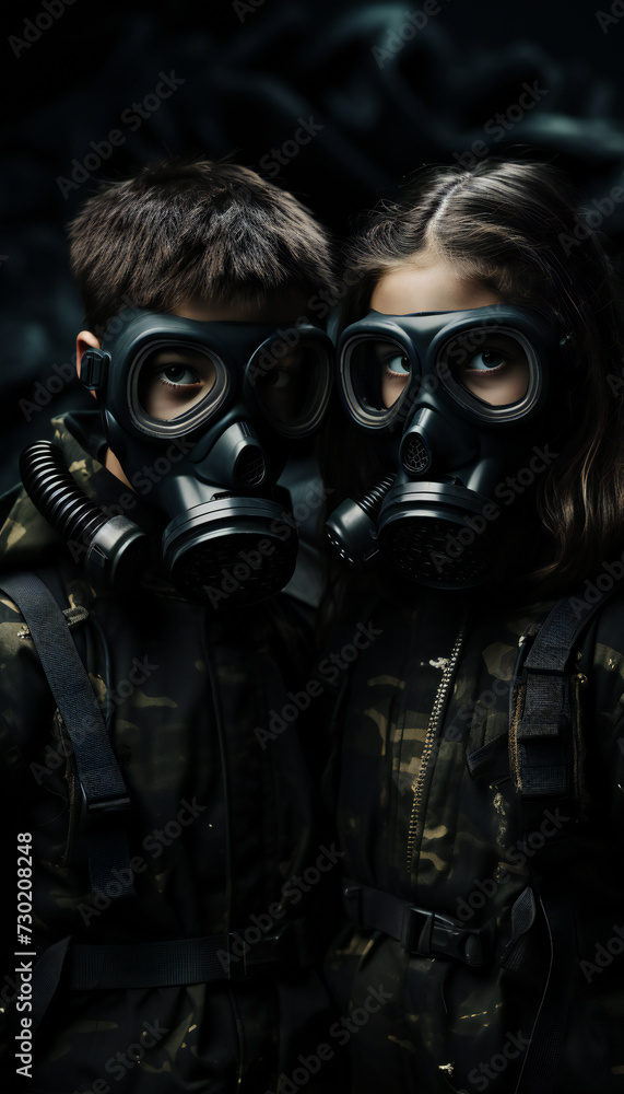 Vertical recreation of kids with survival gas masks	