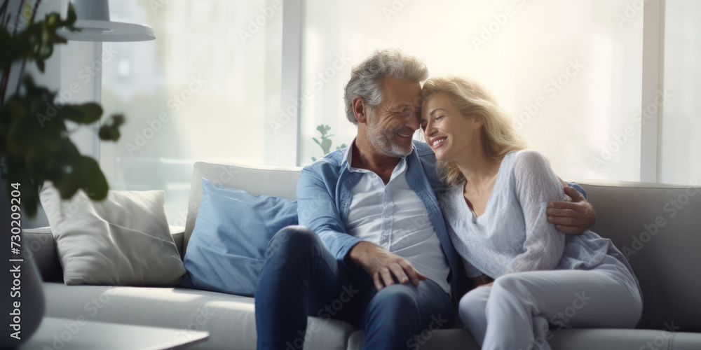 Grandparents, a loving couple, enjoy a cozy moment, hugging on the sofa at home. Grandparents, a loving couple, enjoy a cozy moment, hugging on the sofa at home.